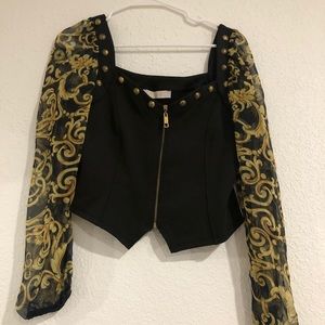 Puff Mesh Long Sleeve Button Crop Top